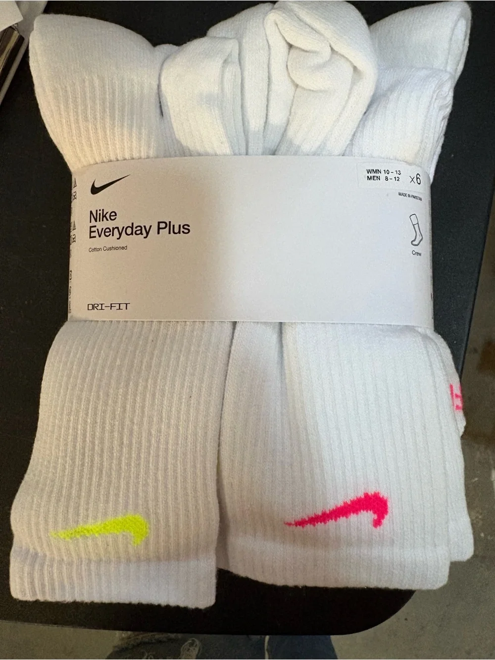 Nike White Crew Socks with Multicolor Neon Swoosh - 6 Pack